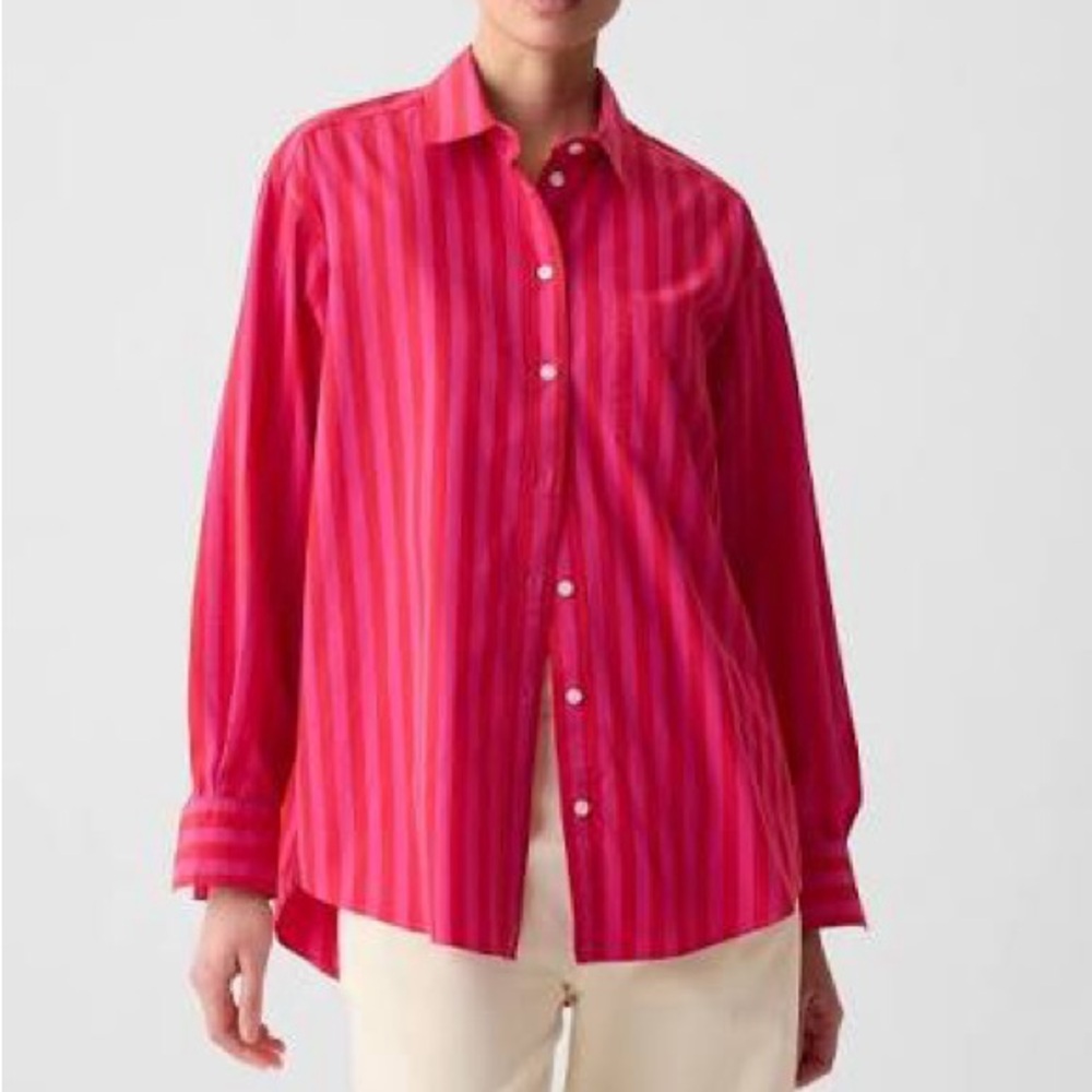 Gap 100% Cotton Red and Pink Striped ‘Big Shirt’ Button Down size Large